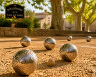 Glinting pétanque balls on a sunlit clay terrain under the shade of old plane trees, with golden Mediterranean light and a Provençal boulodrome ambiance.