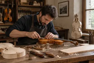 Luthier ajustant un violon à l’établi, entouré de gouges, de copeaux et d’une caisse de violon en cours de fabrication