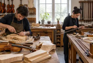 Dans un atelier partagé, un luthier sculpte une table de violon tandis qu’une archetière travaille une baguette d’archet