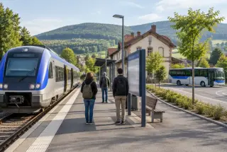 Gare régionale des Vosges avec un train et un autocar prêts pour une correspondance vers Mirecourt.
